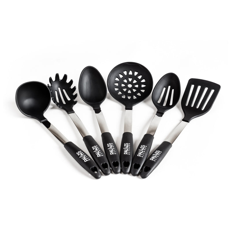 6 teiliges Küchenhelfer Set aus schwarzen Silikon mit Edelstahl